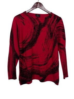 MARBLE Red & Black Swirl Print Soft & Stretchy Crewneck Sweater Size Medium